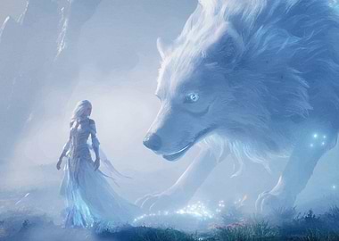 Woman Giant White Wolf