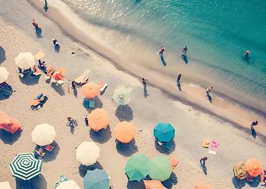 Aerial Beach Scene with Umbrellas