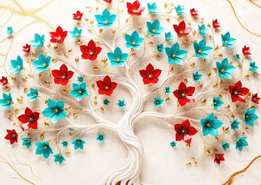 Floral Tree with Red and Blue Flowers