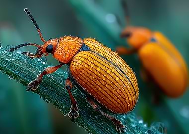 Dew-Kissed Leaf Beetle Close-Up