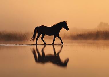 Horse Silhouette in Water at Sunrise