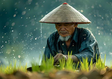 Rice Farmer in Rain