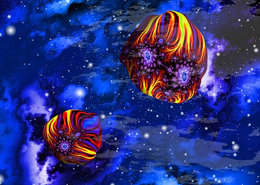 'Pollen and Flame Nuggets' Colorful Fractal Asteroids in Space