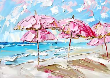 Pink Beach Umbrellas Oil Painting