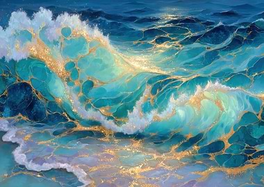 Golden Ocean Wave Abstract Art