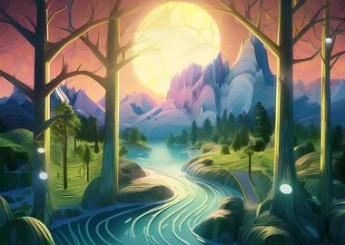 Fantasy Landscape with River and Mountains