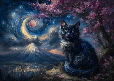 Cat under Cherry Blossoms, Night Sky