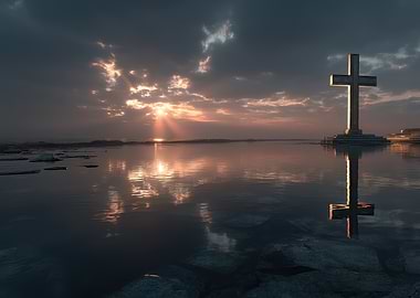 Cross at Sunset Reflection