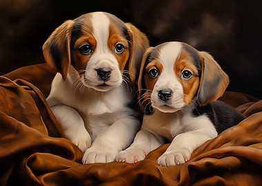 Two Beagle Puppies on Brown Blanket