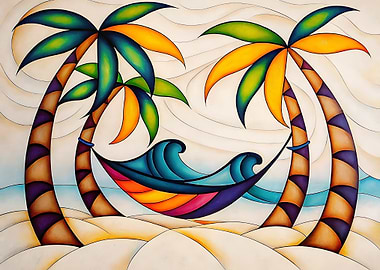 Colorful Hammock Between Palm Trees Painting
