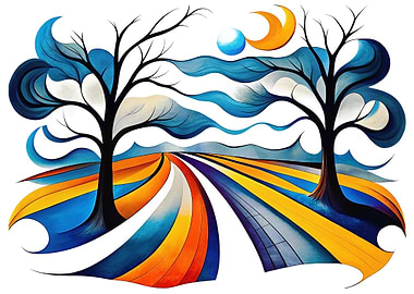 Stylized Landscape with Trees and Moon