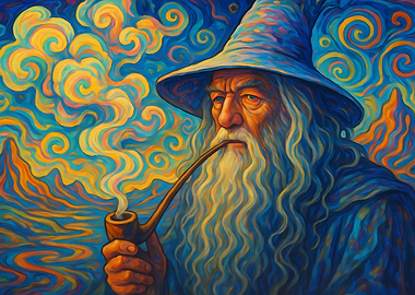Wizard with Pipe in Dreamy Landscape