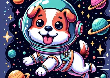Cartoon Puppy Astronaut – Cute Space Dog with Planets and Stars
