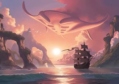 Fantasy seascape with ship and manta