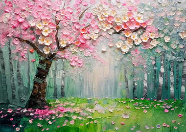Cherry Blossom Tree in Forest Painting