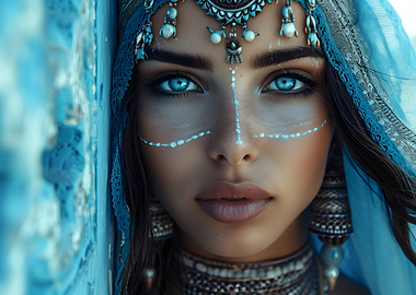 Blue-Eyed Woman with Tribal Makeup