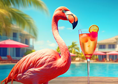 Flamingo with Cocktail by the Pool