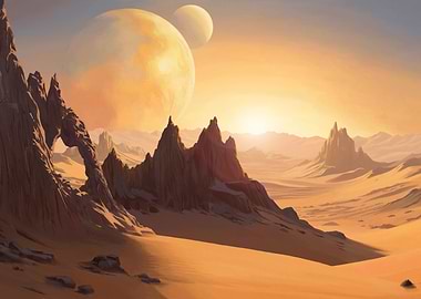 Desert planet landscape with two moons