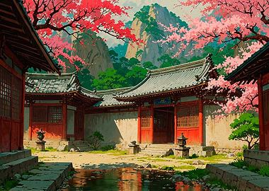 Japanese Temple with Cherry Blossoms