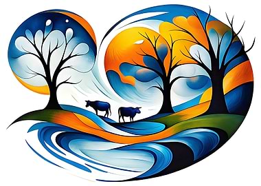 Abstract Landscape with Cows and Trees