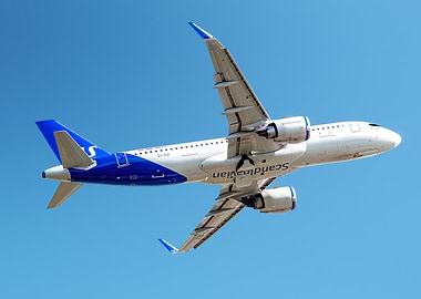 Scandinavian Airlines plane departure in the blue sky