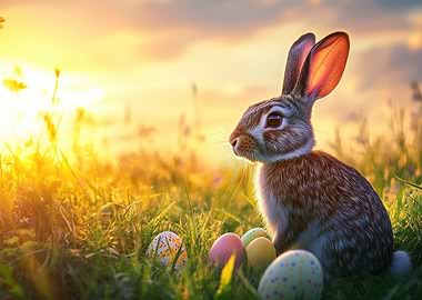 Easter Bunny with Eggs at Sunset