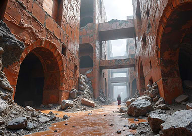 Post-Apocalyptic Orange Cityscape with Figure