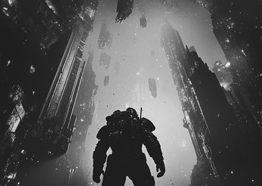 Monochrome Sci-Fi Cityscape with Armored Figure