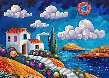 Coastal House Painting with Clouds and Sea