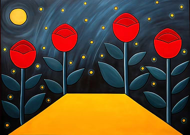 Red Tulips Under a Yellow Moon