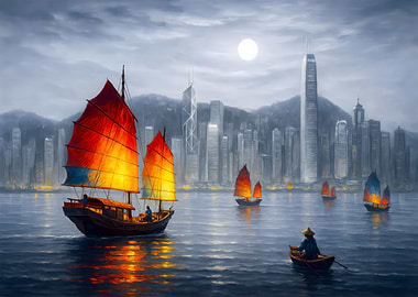 Hong Kong Junk Boats at Night