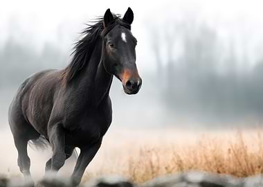 Running Dark Horse in Misty Field