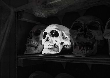 Monochrome Skulls on Shelf