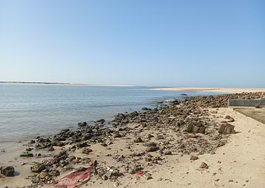 Rocky Beach Landscape with Blue Sky