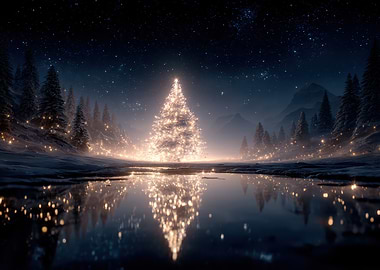 Glowing Christmas Tree in Winter Landscape