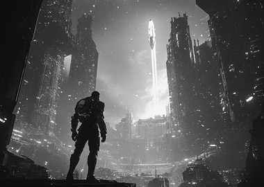 Futuristic Cityscape with Armored Figure
