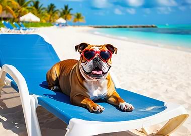 Bulldog with sunglasses on beach chair