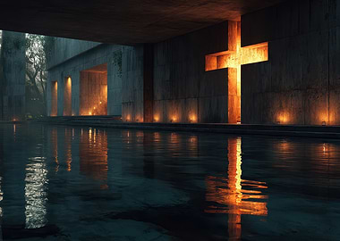 Modern Concrete Church with Water Reflection