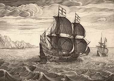 Engraving of Sailing Ships on the Sea