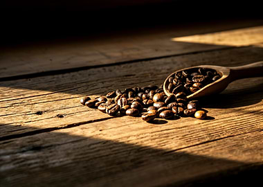 Coffee Beans on Wooden Table