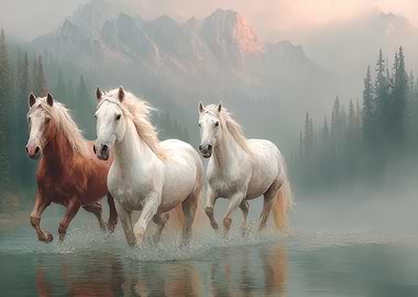 Horses Running Through Water Landscape
