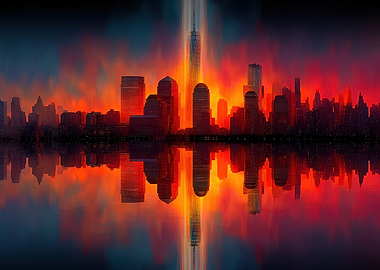 Fiery Cityscape Reflection