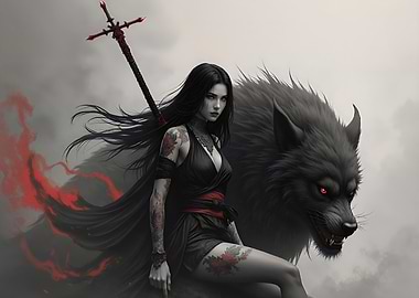 Warrior Woman with Wolf and Sword