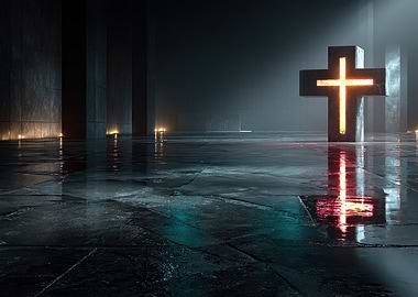 Illuminated Cross in Dark, Reflective Space