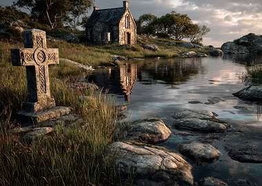 Stone House and Celtic Cross by Lake