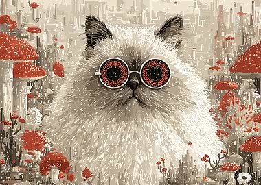Cat with Glasses in Mushroom Landscape
