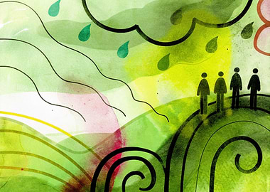 Abstract Watercolor Landscape with Figures