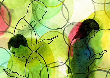 People using smartphones, watercolor style