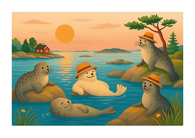 Seals with Hats in a Lake