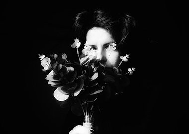 Woman with Flowers in Black and White